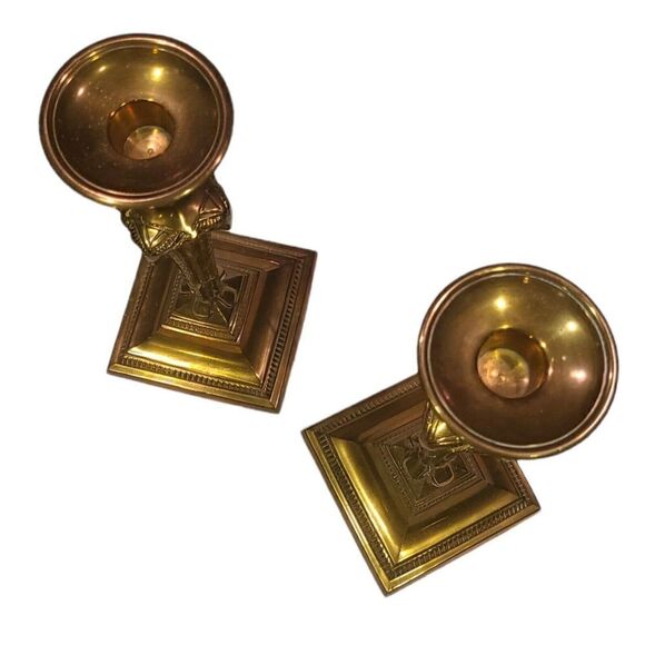 Mid 20th Century Hollywood Regency Brass Ram's Head Candle Holders Set of 2 EUC - Picture 3 of 11